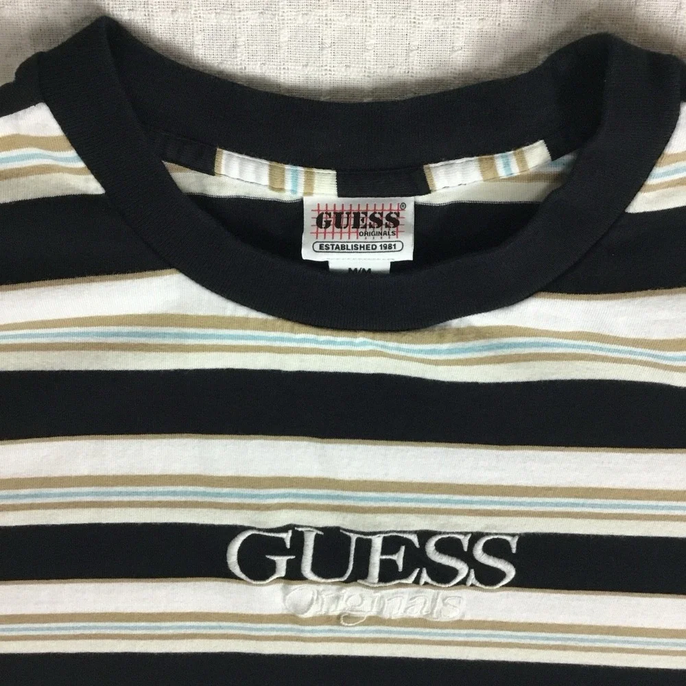Guess Originals Men Striped T-Shirt Black White Tan Blue Embroidered Logo Size M - Picture 8 of 8